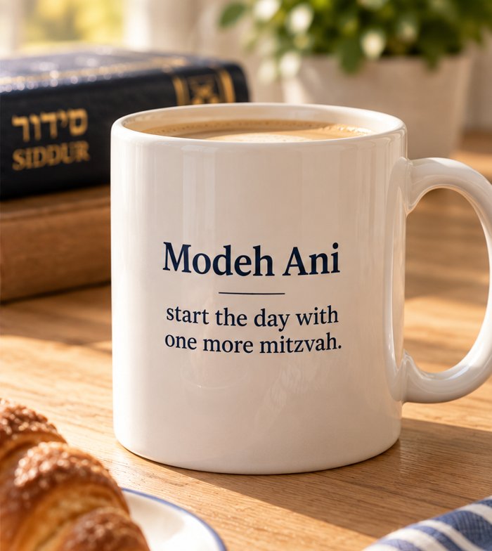 Back of the Modeh Ani Mug: start the day with one more mitzvah